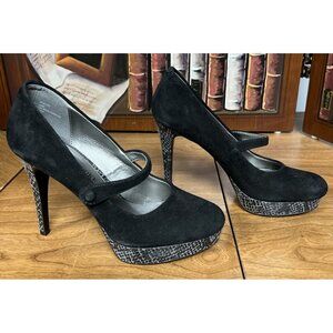Audrey Brooke Black Suede Leather 4" Heels Platform Maryjane Shoes Size 6